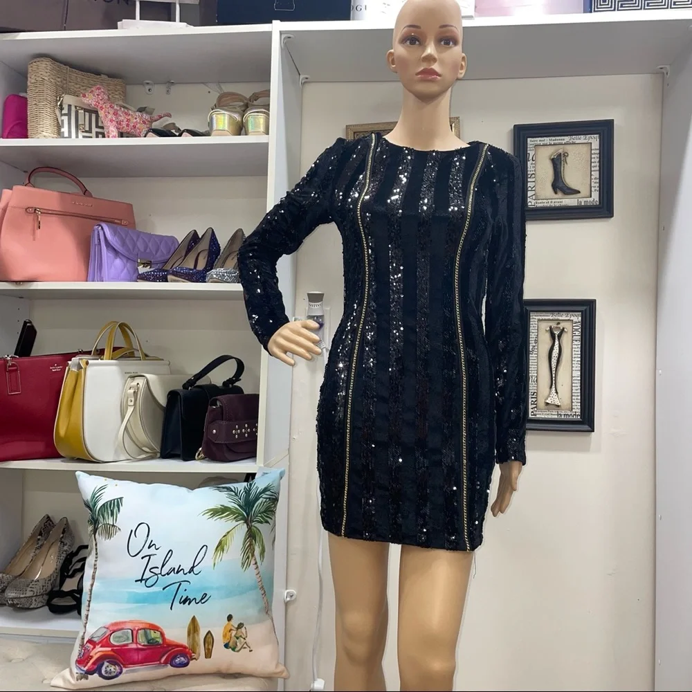 Xtaren NWT! Black Velvet Sequin Striped Chain Long Sleeve Stretchy Mini Dress - Picture 1 of 14